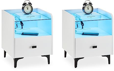 CLIPOP Set of 2 Bedside Table with Charging Station, 1 Drawer Nightstand Storage Unit with 16 Color LED Lights,Tempered Glass Top and Metal Legs, Smart Side Table for Bedroom Living Room