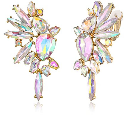 EVER FAITH Flügel Kristall Ohrclips Mode Statement Ohrringe Art Deco bunte Marquise Tropfen Braut baumeln Clip-on für Damen Schillernd AB Gold-Tone