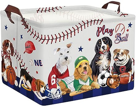 Clastyle Cute Grey Dogs Ball Boys Toy Shelf Basket for Kids Room Sports Rectangle Pet Food Clothes Cube Storage Basket, 36L