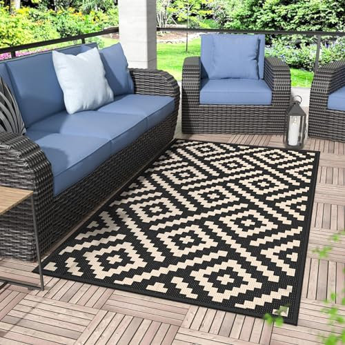 GENIMO Outdoor-Teppich, 90 x 150 cm, wasserdicht, wendbar, Kunststoff, Strohteppiche für Terrasse, Wohnmobil, Balkon, Hinterhof, Picknick, Deck (Schwarz & Beige)