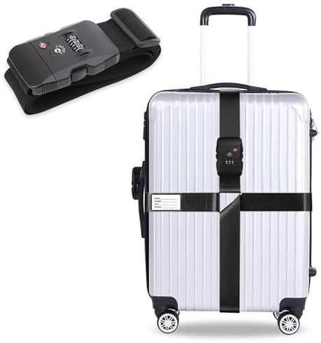 Travel Kofferband Gurt Kreuz, Koffergurt mit TSA Zahlenschloss, Verstellbare Kreuz Gepäckgurte mit Persönliches Informationsetikett für 20-32 Zoll Reise Koffer (Schwarz)
