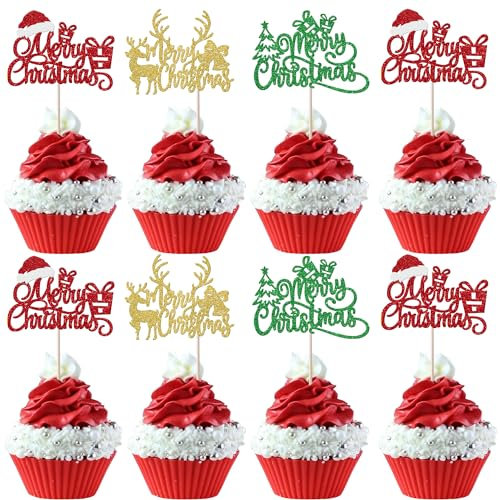 Xsstarmi 24 Pack Merry Christmas Cupcake Toppers Multi Glitter Xmas Tree Deer Cupcake Picks Decoration for Winter Christmas Theme New Year Holiday Party Cake Decorations Supplies