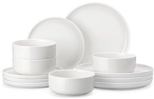MALACASA, Serie LUNA, 12-teilig Weiß Porzellan Tafelservice Kombiservice Geschirrset, je 4 Speiseteller, Dessertteller, Müslischalen für 4 Personen