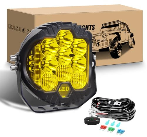 RIGIDON 7 Zoll 75W Rund LED Arbeitsscheinwerfer mit 12V kabelbaum kit, Offroad Beleuchtung Led Arbeitslicht Wasserdicht für Auto ATV LKW Traktor Fahrzeuge 4x4, 3000K Gelb led nebelscheinwerfer