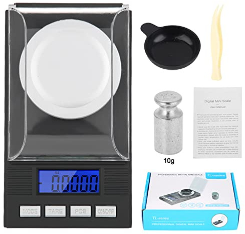 LOCADENCE Balance Numérique Milligramme pour Bijoux, 10 G, 20 G, 50 G, 100 G, 0,001 G, Précision de Conversion de 6 Unités, Rétroéclairage Bleu, Écran Numérique avec Pare Brise (10g)