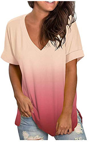 Camisetas Manga Corta Mujer,Camisetas Mujer Verano de Cuello en Pico Casual Corte Suelto Camiseta de Degradado de Color Moda Multicolor Holgada Pullover Tops Informal Cómodo Camisetas