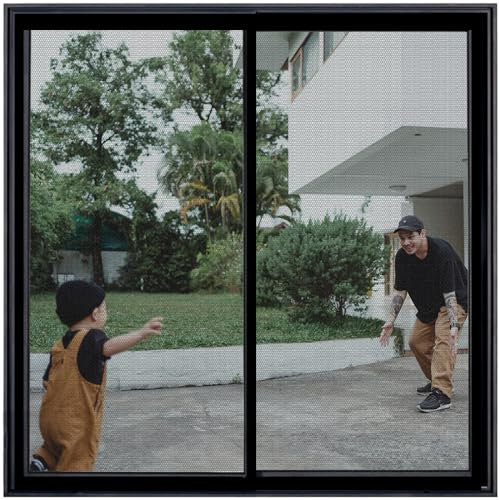 Magnetisches Fenstergitter 90x115cm Schwarz Insektenschutz ohne Bohren mit Alurahmen Spannrahmen Mückenschutz Mückengitter ohne Bohren