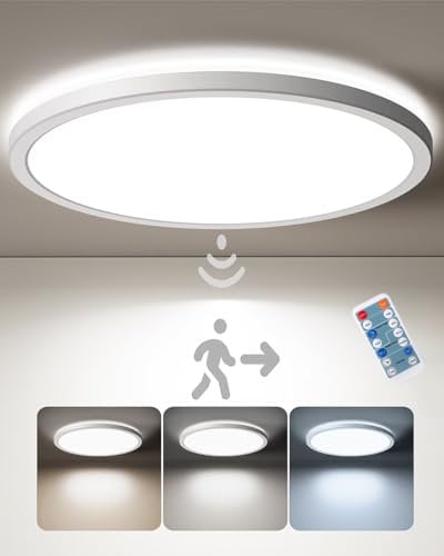 Matane Dimmbar LED Deckenleuchte mit Radar Bewegungsmelder,24W Deckenlampe Panel mit Fernbedienung,3000K/4000K/5000K Flach Bewegungssensor Licht für Bad,Flur,Keller,Treppe,Garage,Balkon,Rund Weiß 30cm