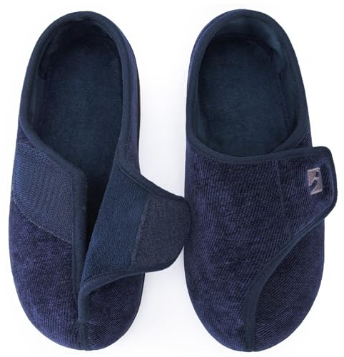 HomeTop Men's Adjustable Chenille Slippers Wide Fit Soft Comfy Non Slip Indoor House Shoes Navy Blue, 8 UK,9 US