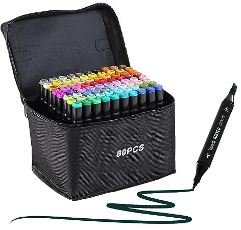 Ordeluxe 80 Couleurs Feutre A Alcool, Feutre Alcool Double Pointe, Séchage Rapide En Une Seconde, Avec Étui De Transport, Pour Artistes Et Adultes À Colorier