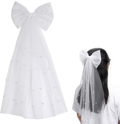 Faletony Braut Haarschleife Schleier Brautschleier JGA Schleier Weiße Perlen Brautschleier Hochzeit mit Haarspangen Schleier JGA Braut Party Dekoration Geschenke für Brautkleid JGA Verlobung