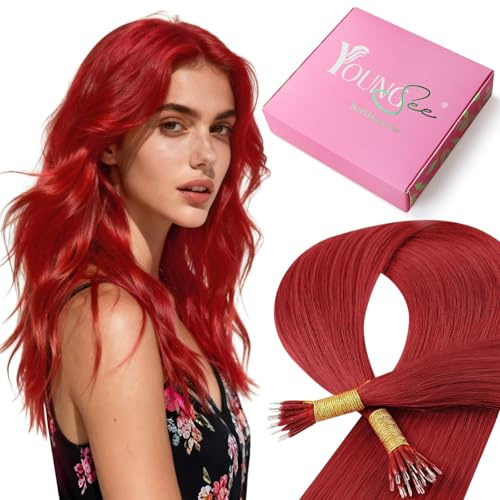 YoungSee Nano Hair Extensions Real Human Hair Red 14inch,25g 25s,Nano Beads Human Hair Extensions Colored,Pre Bonded Hair Extension,for Role Playing,Cold Fusion,Short Straight,Smooth Texture