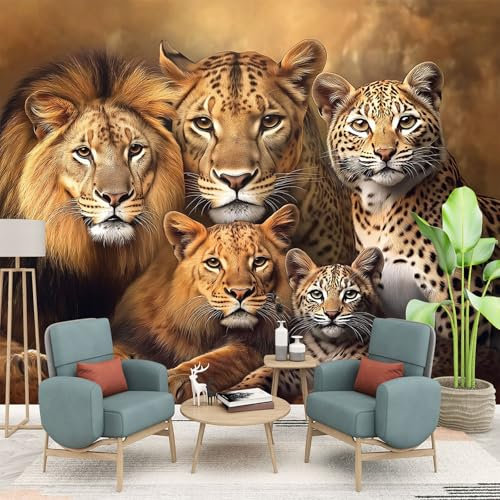 Papier Peint Panoramique Animaux Sauvages Lions Et Léopards Art Photo Murale Chambre Décor, Papier Peint intissé fond pour Chambre D'Enfant Salon Bureau Murale 250 x 175 cm