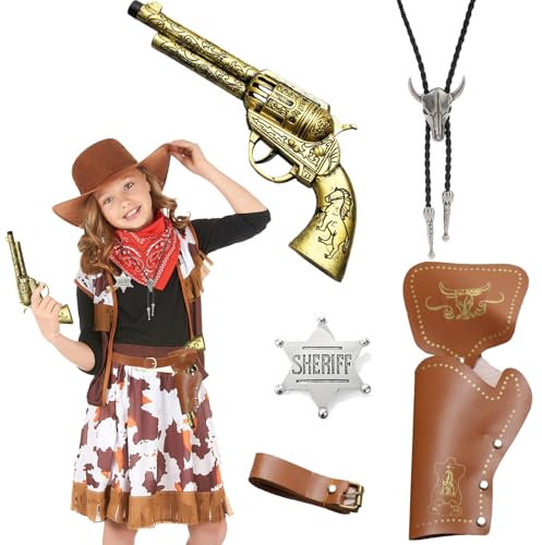 Pistolet Cowboy Costume Accessoires Deguisement Cowboy Enfant Homme Holster Western Ceinture Cowboy Collier Tête de Taureau Badges Pistolet Jouet Costume Halloween Femme Carnaval Cosplay 6 Pièces