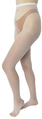 MANA MANA Medias De Rejilla Para Mujer, Bianco M/L, Medias De Rejilla Sin Costuras, Medias De Cintura Alta Para Mujer, Medias Hasta El Muslo, Fabricadas En Italia