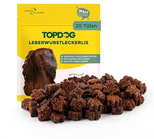 Topdog Leberwurst Leckerli für Hunde - 20 x 80g Kleine Happen - 100% Natürlich Ohne Zusatzstoffe - Ideales Hundeleckerli als Belohnung oder für das Training