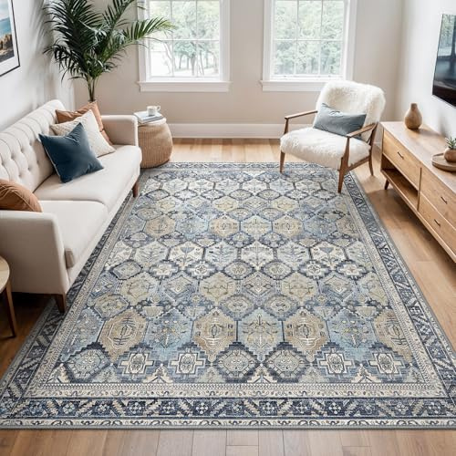BEIMO Vintage Waschbarer Teppich Wohnzimmer, 200x290cm Blumenblau | Boho Orientalisch, Großer Weicher Kurzflor Carpet mit Rutschfester für Küche und Bettvorleger Schlafzimmer