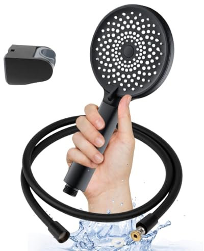 YOSSEE Soffione Doccia Nero con Tubo Flessibile 1,5M Anti-Twist – Doccetta Universale, 3 Modalità di Getto, Supporto Regolabile, Kit Completo in PVC Durevole, Antipiega e Antigoccia per Bagno