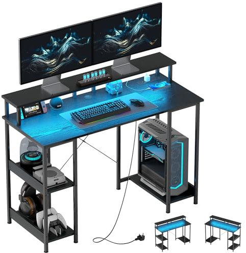 HOMCOM Computer Desk with Power Outlets and LED Lights, 120 x 50cm Reversible Home Office Desk with Monitor Stand and 2-Tier Storage Shelves, Gaming Desk with Cable Management, Black