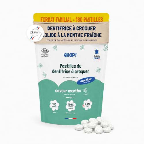 [EHOP] 180 Zahnpastatabletten zum Kauen – Minzgeschmack | Wasser- & tubenfrei | Zero Waste & platzsparend | Ideal für unterwegs | Aus französischer Produktion | Nachhaltige Zahnhygiene