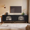 Merax Meuble TV bas avec portes en verre - Noir - 4 portes - Commode TV moderne avec poignées et pieds dorés - Design en forme d'arc - 173 x 38 x 59 cm