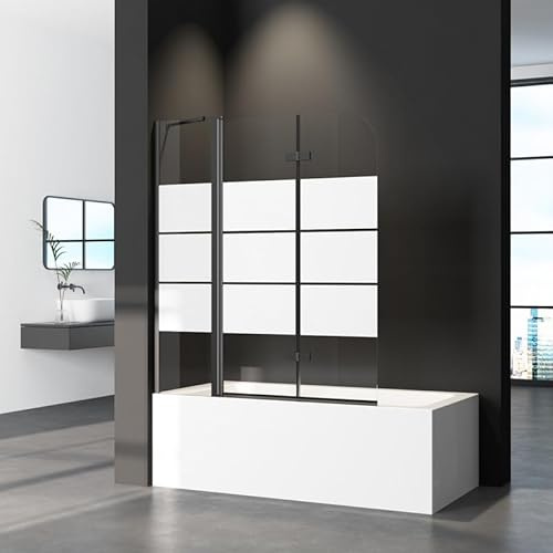 Duschwand für Badewanne 150 x 140 cm 3-teilig Faltbar Schwarz, Gestreift Glas Duschabtrennung mit festem Segment Badewannenaufsatz aus 6mm ESG Sicherheitsglas, 140cm Duschtrennwand Badewannenwand