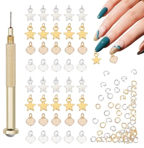 NICENEEDED 101 PCS Dangle Nail Art Charms, Nail Jewelry Rings with Nail Piercing Tool Hand Drill for Tips Acrylic Gels and Decorations