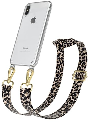 EAZY CASE Handykette - Verstellbares Taschenband kompatibel mit iPhone X/XS, Schulterriemen, Handykordel mit Silikon Hülle, Umhängetasche, Leo - Schwarz Beige Gold