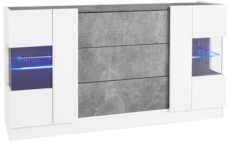 Buffet Moderne avec 3 tiroirs et 2 Portes, éclairage LED 16 Couleurs contrôlable Via Application, façades Brillantes Effet marbre Gris, Meuble de Rangement élégant pour Salon ou Salle à Manger