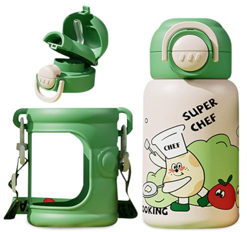 Stainless Steel Water Bottle Kids Insulated Tumbler 550ml Water Bottle Cute Thermos Mugs Reusable Stainless Steel Insulated Bottle for Adults & Kids- Travel Gym School-Green