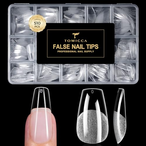 TOMICCA 510Pcs 15 Sizes Pre-Shaped Medium Coffin Clear Nail Tips | Full Cover False Nails, Ultra-Matte Acrylic Press On Nails,Resists Breaking & Cracking, for Nail Extension & DIY, Nail Art