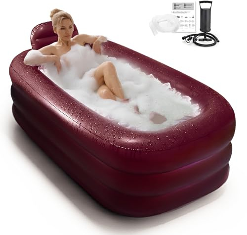 Inflatoast Baignoire Gonflable Adulte, Home SPA & Bain Chaud, Femmes | Grande taille bordeaux, 158x95x45 cm, pompe manuelle, tuyau de vidange, dossier & fond, pliable pour rangement