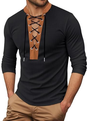 Modeewel Sweatshirts Für Herren Wikinger Kleidung Lace Up Taktisch Pullover Waffel Joggingkleidung Farbblockierung Vintage Mittelalter Hemd Herbsthemd Outdoor Combat Oberteile