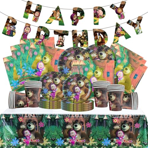 FYFLYMT 82 pezzi Stoviglie Compleanno Masha,Decorazioni Masha Compleanno
