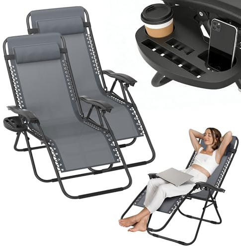 UISEBRT Klappbarer Liegestuhl mit Kopfkissen & Getränkehalter,Gartenliege Sonnenliege Extra Breit 64cm,Gartenstuhl Relaxliege mit Verstellbarer Rückenlehne für Outdoor Garten Terrasse,Grau 2er Set
