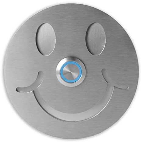 Jung Edelstahl Design - Lustige Edelstahl Türklingel Smiley Klingelschild rund 10x10cm Klingeltaster mit LED Klingelplatte V2a Edelstahl geschliffen Smilie Klingel Haustür (blau)