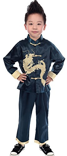 AvaCostume Traditional Chinese Boy Dragon Kung Fu Outfit Tang Costume, Blue, 4