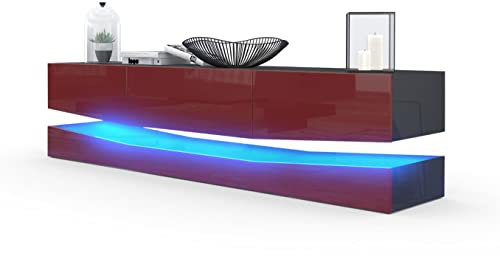 Vladon Lowboard City, Made in Germany, TV-Kommode mit Sockelelement, 1 offenem Fach und 3 Schubkästen, Schwarz Hochglanz/Bordeaux Hochglanz, inkl. LED-Beleuchtung (178 x variabel x 39 cm)