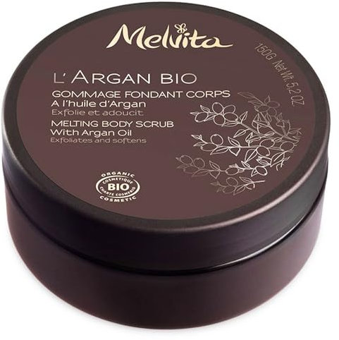 Melvita – Bio-Argan Körperpeeling – Sanftes Peeling – Entfernt abgestorbene Hautschüppchen und Unreinheiten – Natürlich – Bio-zertifiziert – Vegane Formel – Tiegel 150 g