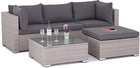 Enjoy Fit Polyrattan Lounge Sitzgruppe Gartenmöbel-Set Poly Rattan Garnitur 3 Sitzplätze, Modell Bali, Rattan: Hell-Grau/Bezüge: Grau