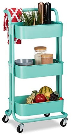 Relaxdays Rollwagen, 3 Etagen, 2 Bremsen, Allzweckwagen Küche, Bad, Büro, Rollregal, Metall, HBT 84 x 42 x 37 cm, blau