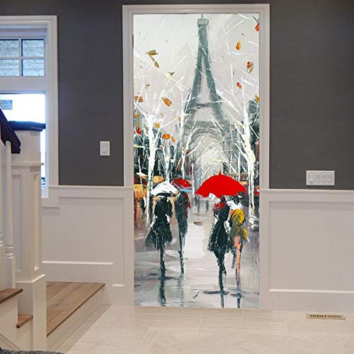 A.Monamour Türtapete Selbstklebend Türfolie Türposter 3D Menschen Unter Regenschirmen Eiffelturm Pariser Straßen Szenen Malerei Vinyl Folie Türdeko Tapete Wandbild Türaufkleber Türtattoo 90 x 200 cm