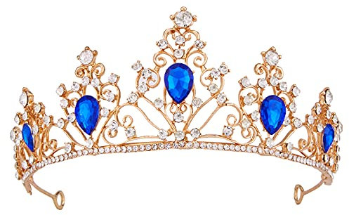 Vofler Gold Tiara Crown with Sapphire - Baroque Vintage Crystal Blue Rhinestone Headband for Women Queen Ladies Girl Bride Princess Birthday Wedding Pageant Prom Homecoming Halloween Costume Party