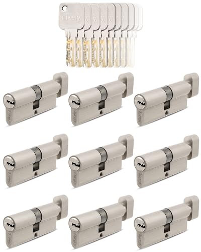 GERCAR Lot de 9 cylindres à bouton 45/45 à fermeture identique - 9 cylindres de serrure avec bouton et 45 clés - Serrure de porte 90 mm - 9 cylindres - Longueur : 90 mm, A : 45 B : 45 - En laiton