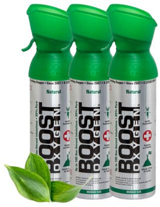 Boost Oxygen Sauerstofflasche für Unterwegs mit 95% Sauerstoff - 15L, 3x5L Sauerstoffdose mit Sauerstoffmaske für mehr als 300 Inhalationen - mobiler Sauerstoff Inhalator (Natürlicher Geschmack)