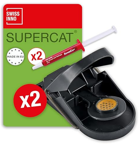 SWISSINNO Mausefalle SuperCat - Effizient + Wiederverwendbar mit Erdnussbutter-Köder - Sofortiges Fangen + Töten - Verwendung im Innen- und Außenbereich - 2 Fallen + 2 Köderspritzen