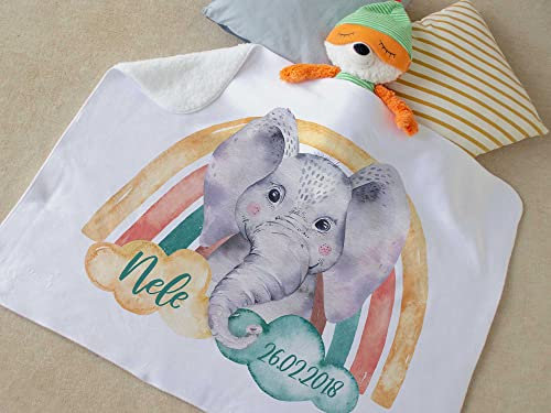 GRAZDesign Babydecke mit Namen, personalisierte Geschenke Baby, Junge und Mädchen, Baby Decke Neugeborenen Krabbeldecke - Baby-Elefant mit Regenbogen
