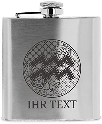 Flachmann Sternzeichen Wassermann personalisiert, Edelstahl 190 ml | Geschenk für Wassermann-Geborene (Januar/Februar) – gravierter Flachmann mit Tierkreiszeichen und Wunschtext