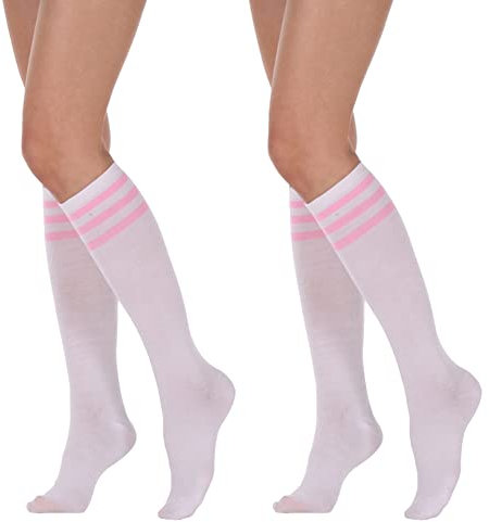 JIHUOO 2 Paar Damen Kniestrümpfe Strümpfe Volleyballsocken Sportsocken Damensocken Schlauchstrümpfe Klassische Socken mit DREI Streifenn Rosa