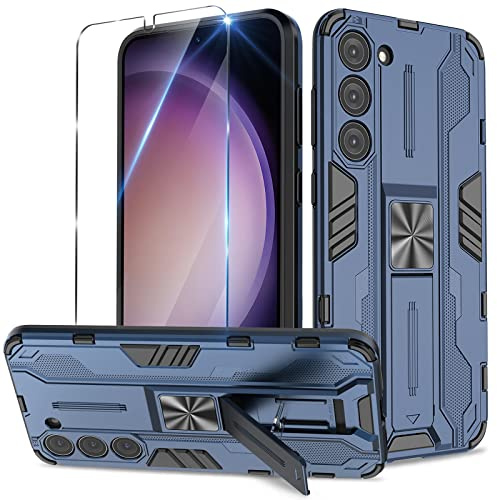 Btstring Funda para Samsung Galaxy S23 Plus con Cristal Templado Protector Pantalla, Carcasa Protectora Antigolpes con Soporte Reforzado- Azul